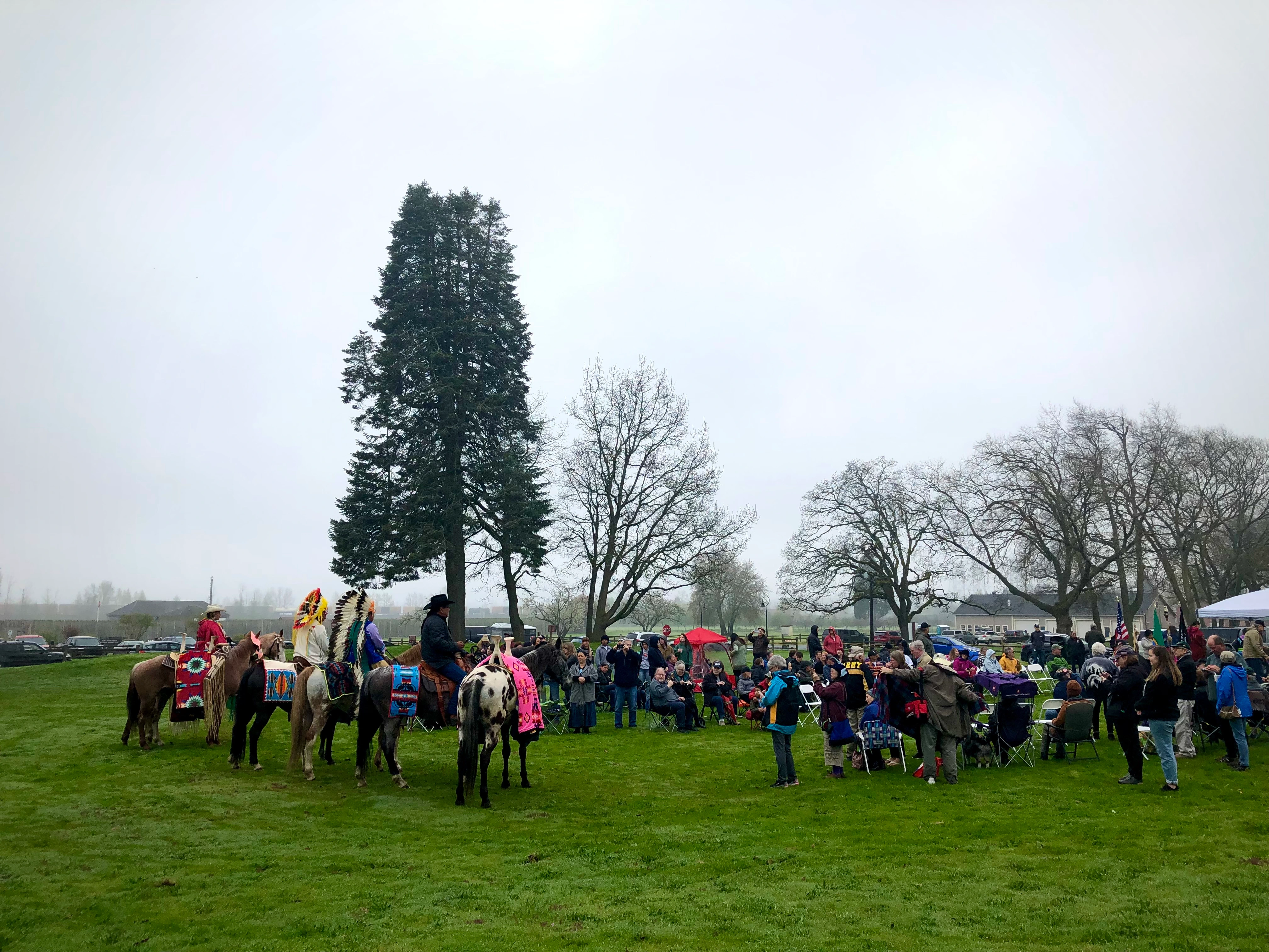 Nez Perce riders in regalia at the Chief Redheart Memorial, Fort Vancouver, April 2023