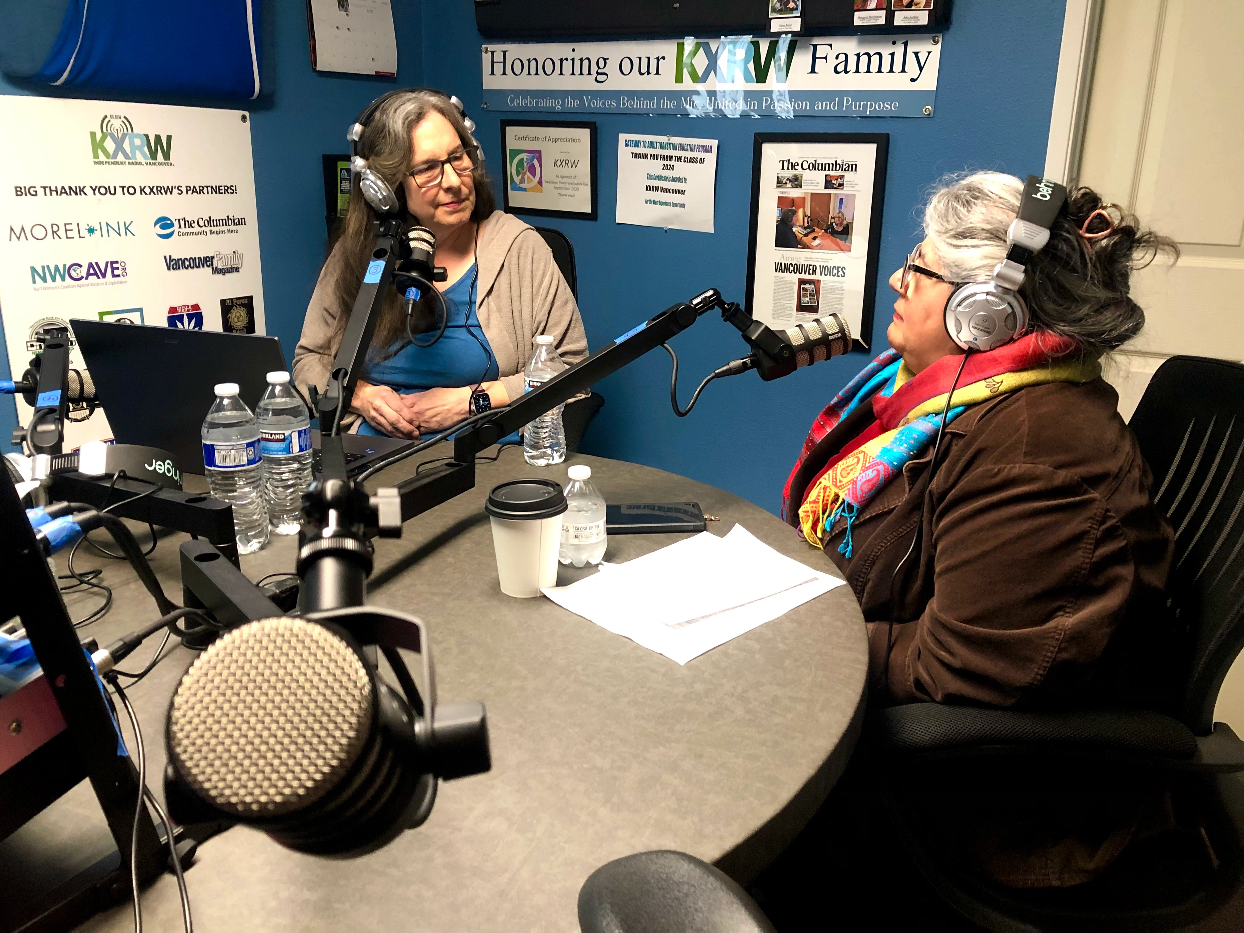 Host Donna Sinclair interviews Vancouver City Councilor Diana Perez at KXRW studio during Democracy Talk, December 2025
